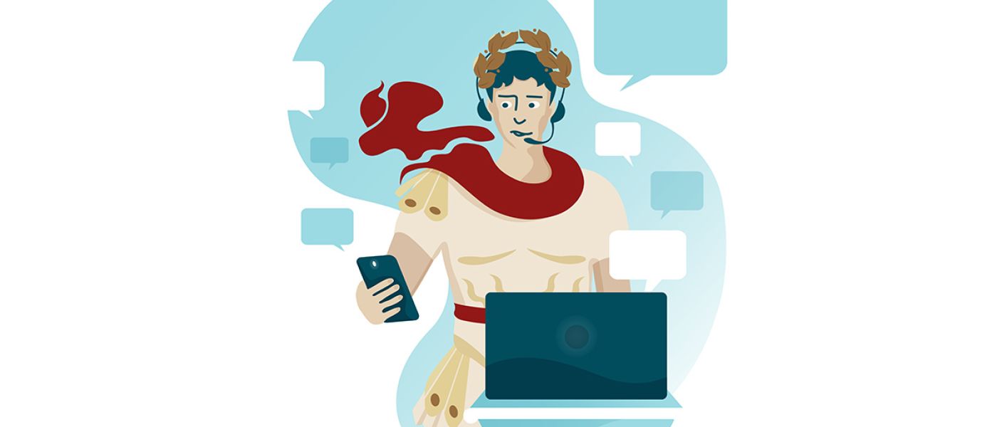 Collage aus Mann mit rotem Schal, Lorbeerenkranz, Handy und Laptop - Maklermythen
