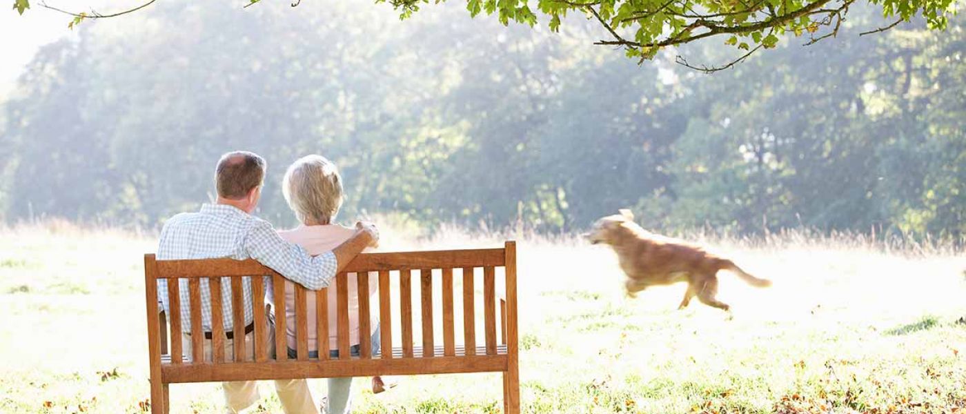 Ein älteres Ehepaar sitz auf einer Holzbank, die sich neben einer Wiese befindet.